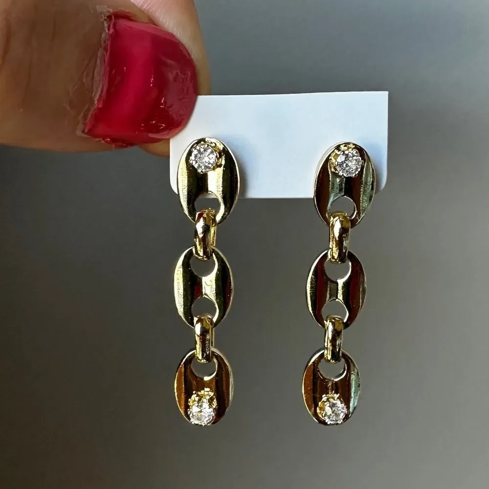 NEW 18K Yellow Gold Oval Link Dangle Drop Earrings w/ Round Clear Crystal CZ
